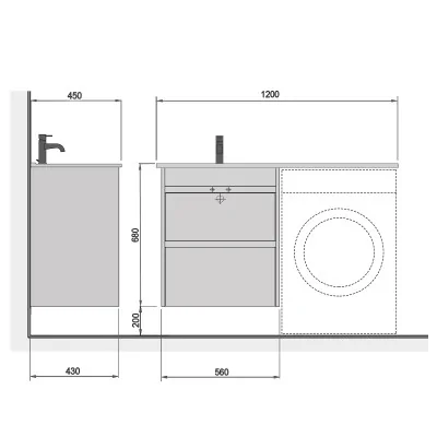 Схема и размеры тумбы с умывальником Polo Loft 60-U ADAM 120 L